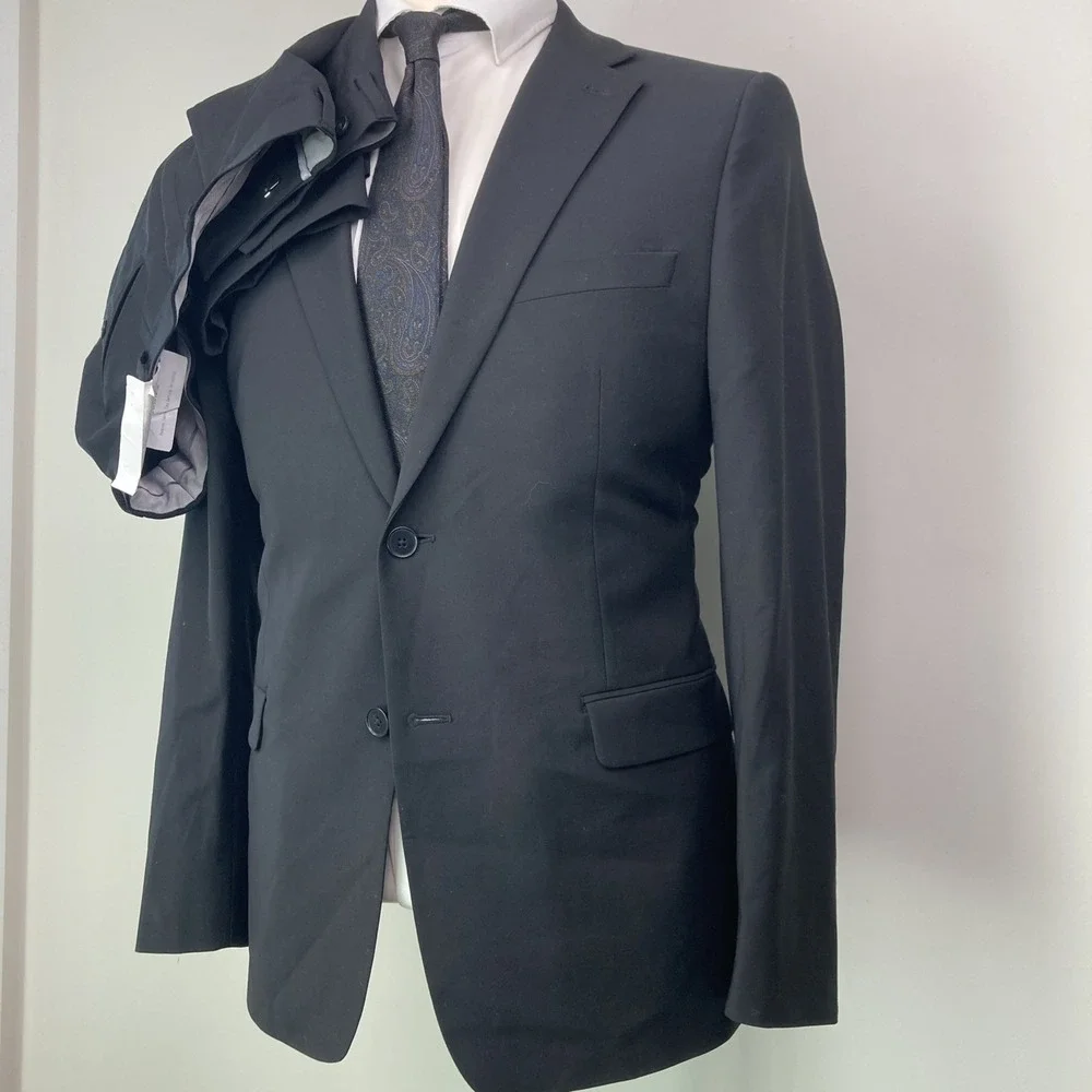 Calvin Klein Mens Skinny-fit 2-pc Suit Jacket Black Solid‎ Wool 44R Pants 38x34